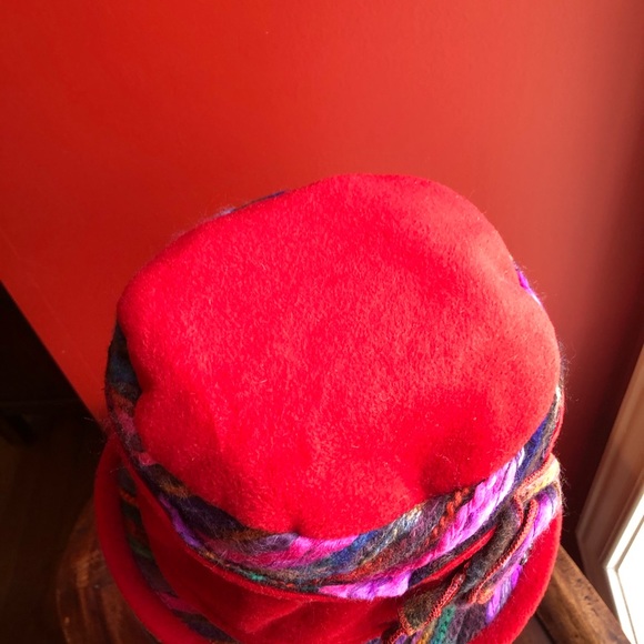 Red CC multi color yarn fleece beaded hat - Picture 5 of 8